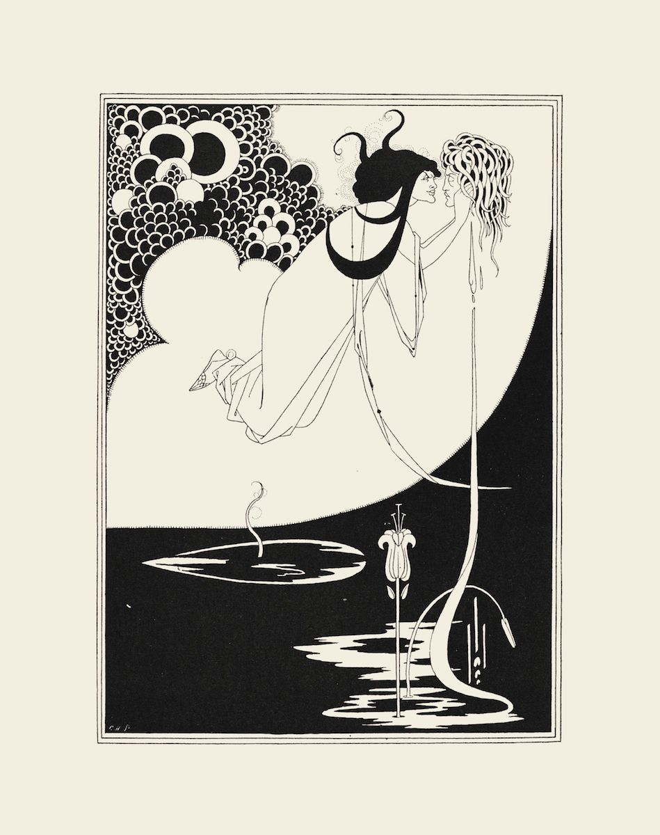 A black and white illustration of a slender figure reaching towards a luminous moon, with a paper boat and stylized plants in the water below.