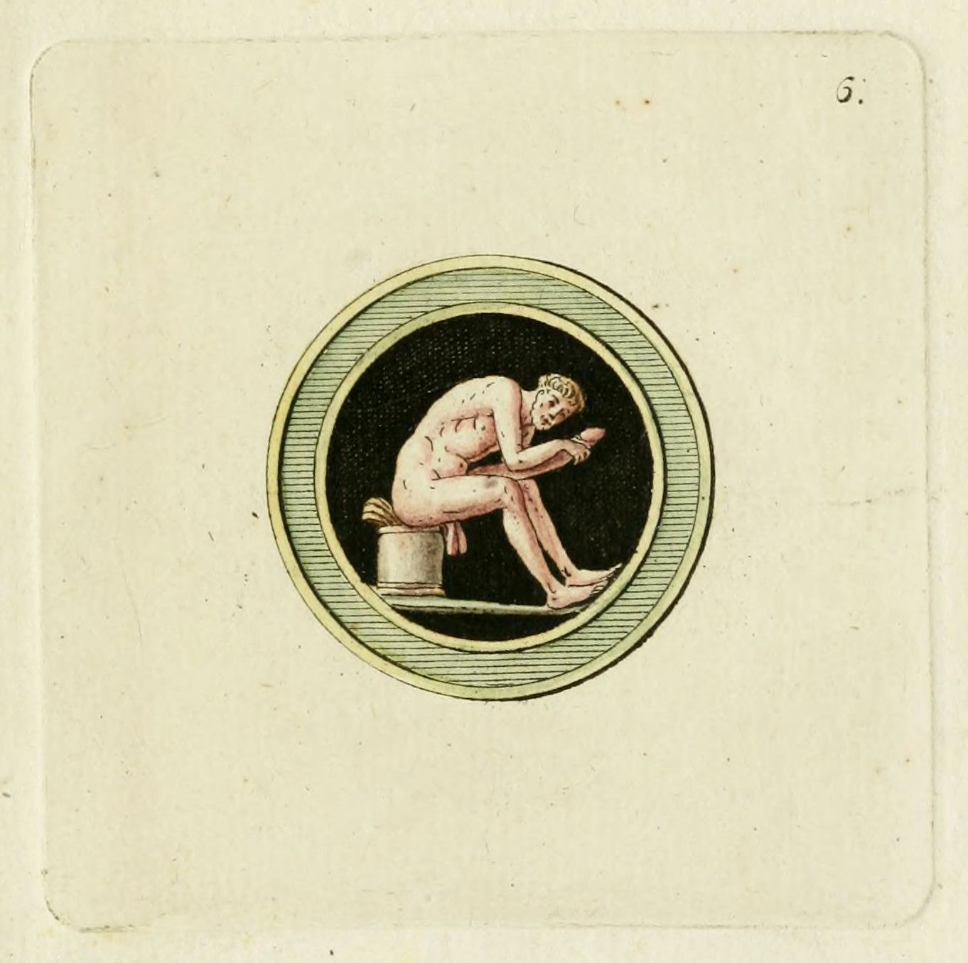 Vintage drawing of a nude man squatting on a toilet within a circular frame.