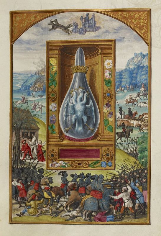 A detailed medieval illustration depicting a battle scene surrounding a large glass bottle containing stags.