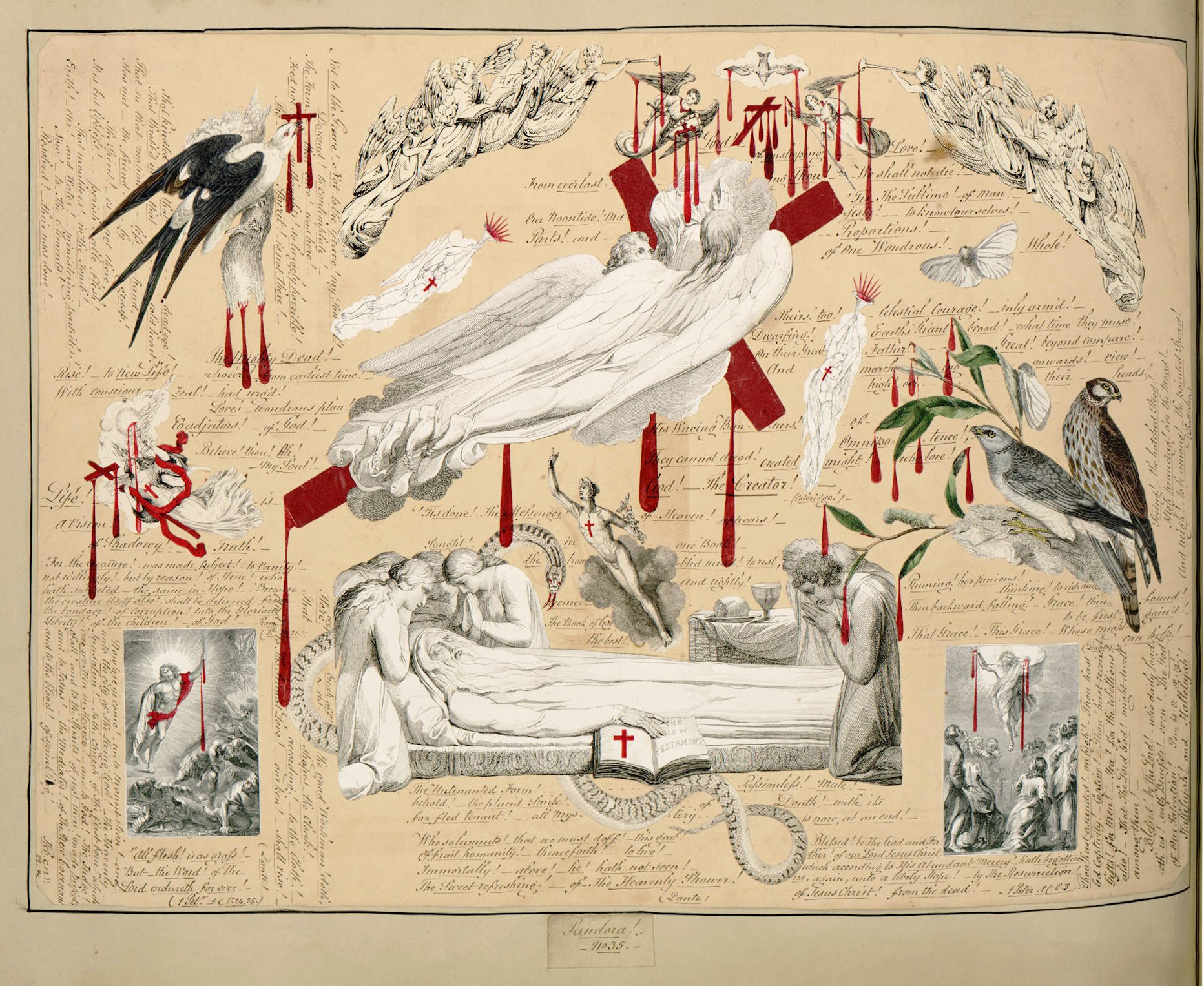 A detailed, vintage illustration or engraving with a central scene of a woman attended by angels and a man, surrounded by text, symbols, and vignettes.