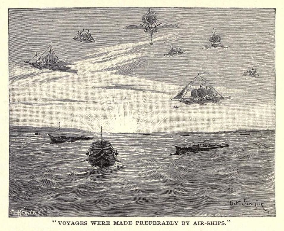 Vintage illustration of airships and ships at sea.