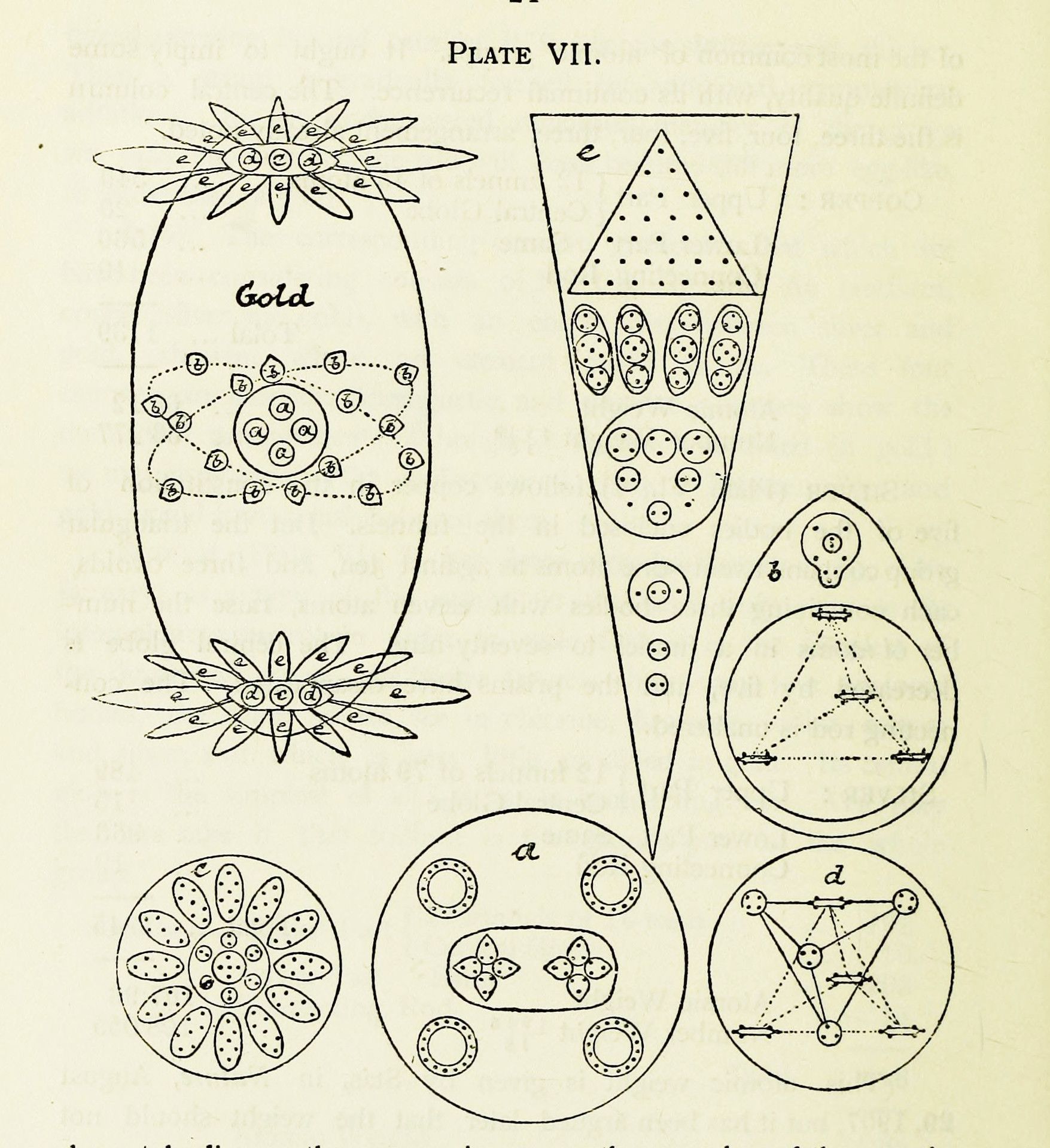 Vintage scientific illustration labeled 'Plate VII' featuring diagrams of gold and related symbols.