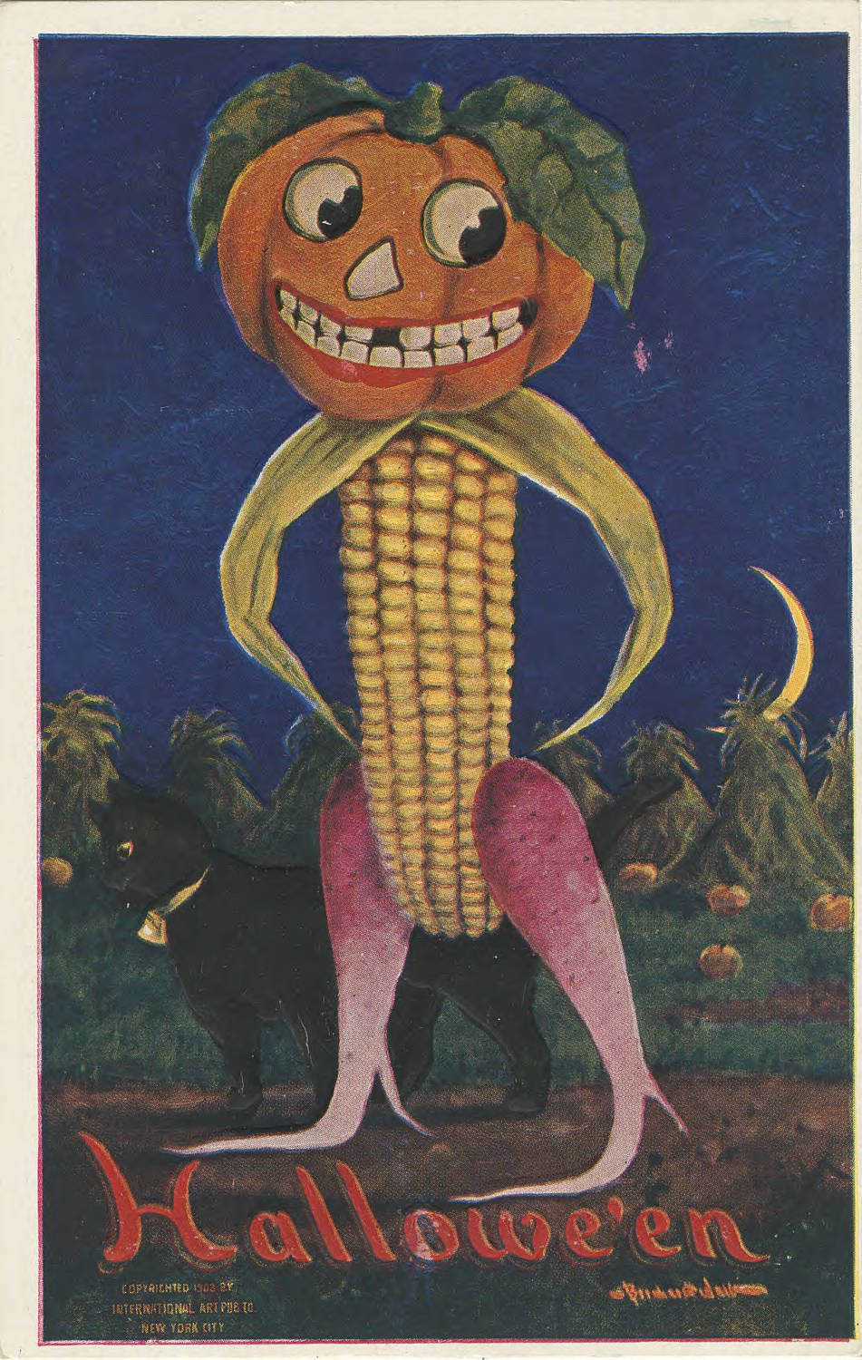 Vintage Halloween poster featuring a pumpkin head on a corn stalk, with a spooky landscape and the word "Halloween" at the bottom.