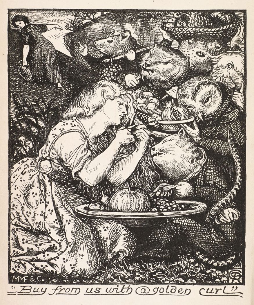 A black and white illustration of a young girl surrounded by pigs, all vying for food from a large plate.