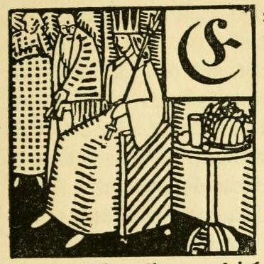 Black and white woodcut illustration of a person seated at a table with glasses and fruit.