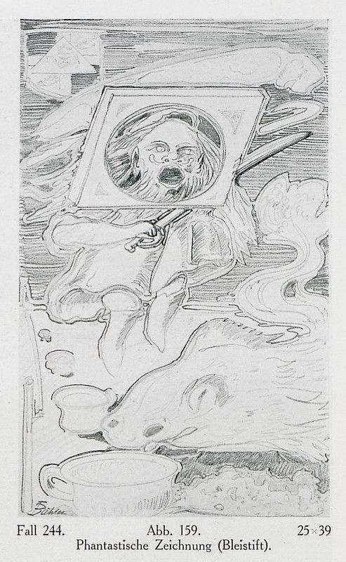 A black and white sketch of a person in a distressed or agitated state.
