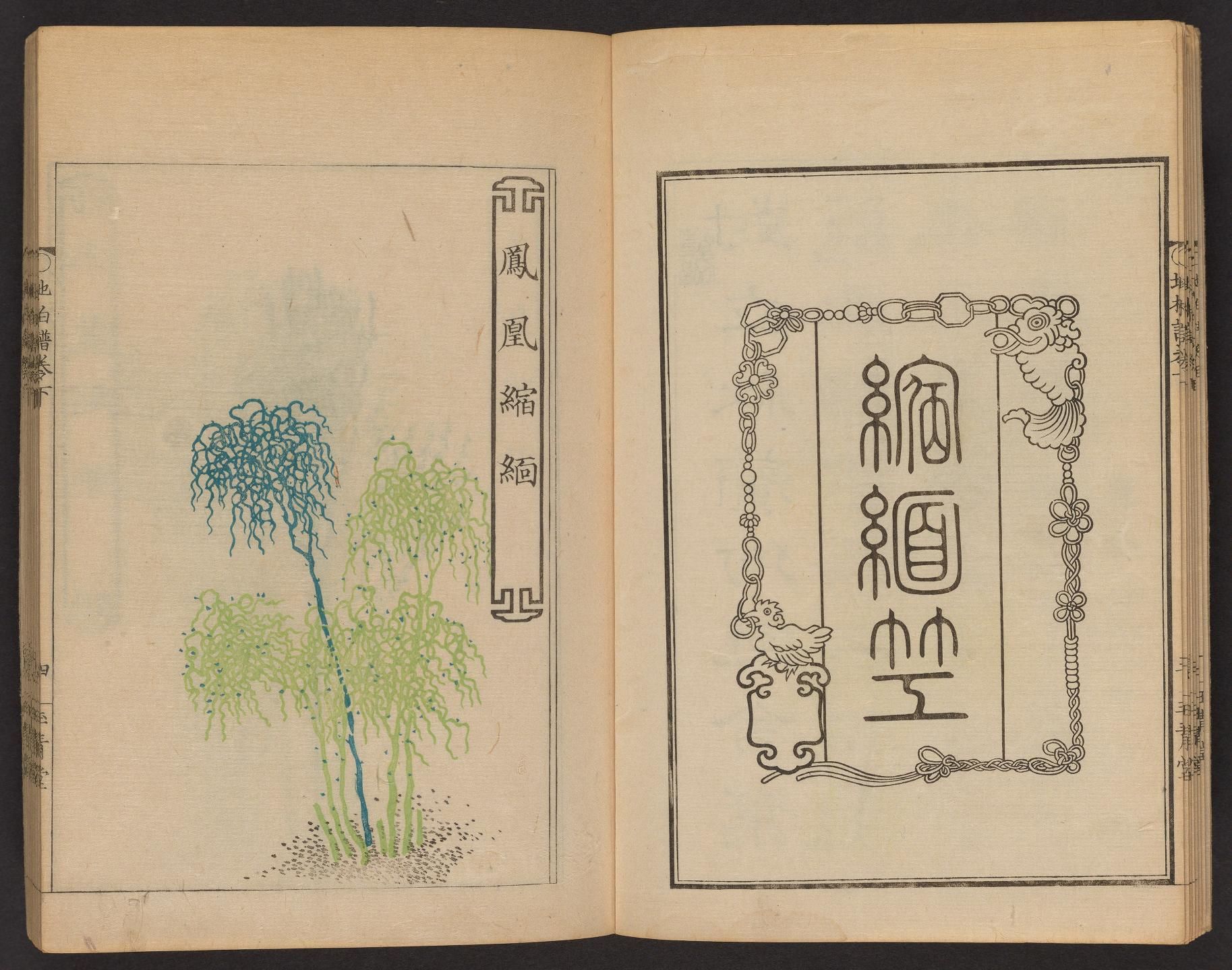 Open book with illustrations and East Asian text.