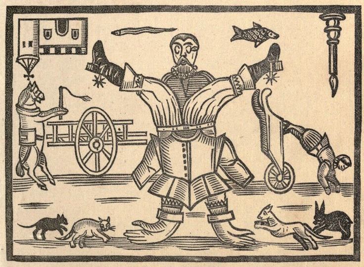 A black and white woodcut illustration of a man with wheels attached to his arms, surrounded by animals and a cart.