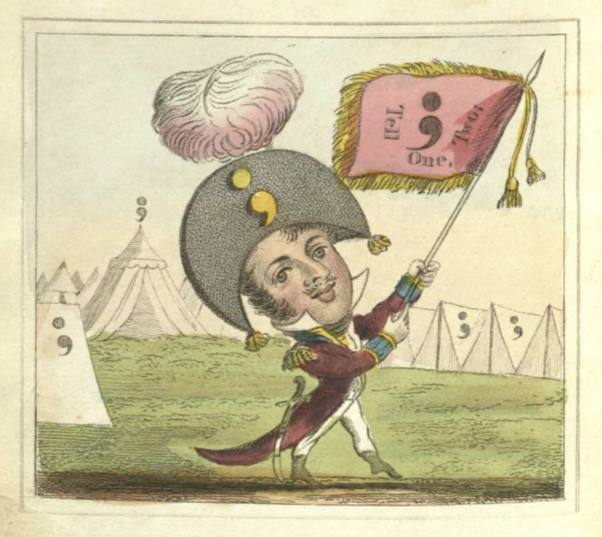 Cartoon illustration of a small man in a military uniform holding a flag decorated with semicolons, set against a backdrop of tents also adorned with semicolons.