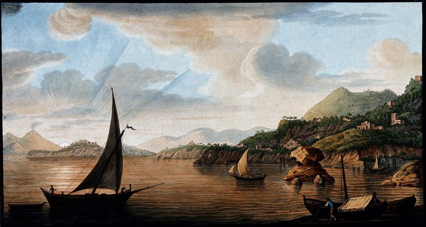 Watercolor painting of a coastal landscape with boats on the water, hills, and a cloudy sky.