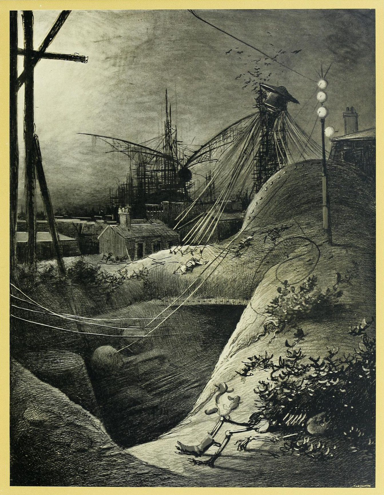 A black and white illustration of a sailing ship perched atop a hill in a city, with people walking along a path and birds flying in the sky.