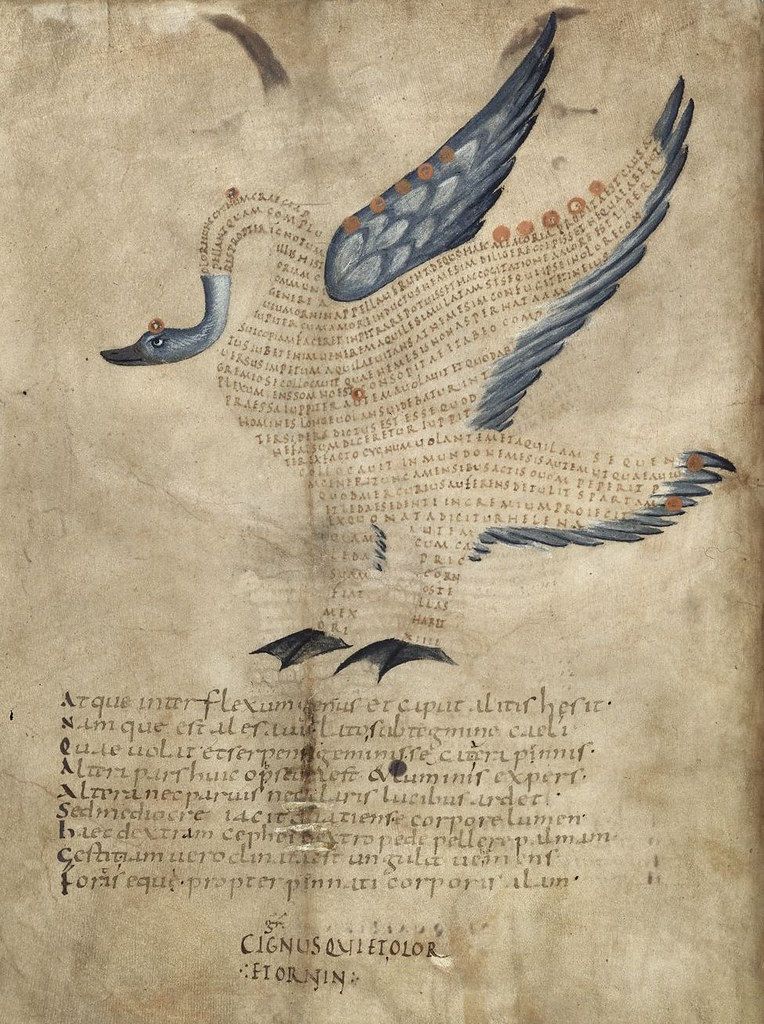 A page from an old manuscript with an illustration of a blue bird with a long neck and wings, and two smaller birds below it. The page is filled with dense, handwritten text.