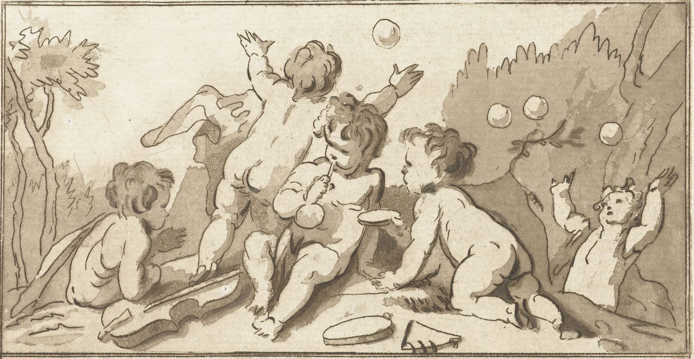 A sepia-toned drawing of several cherubic babies playing outdoors. A baby is blowing bubbles, while others reach for them or play on the ground. Trees frame the composition, and a plate and glass are in the foreground.