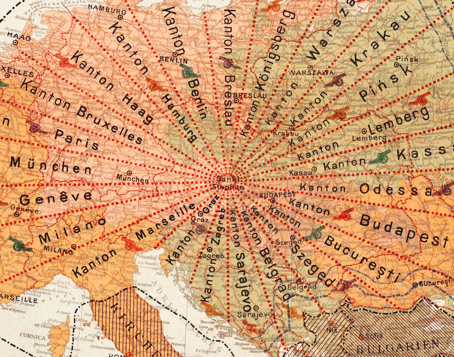 Close-up of a vintage map of Central and Eastern Europe, densely labeled with city names and marked with red dots and the word "Kanton".
