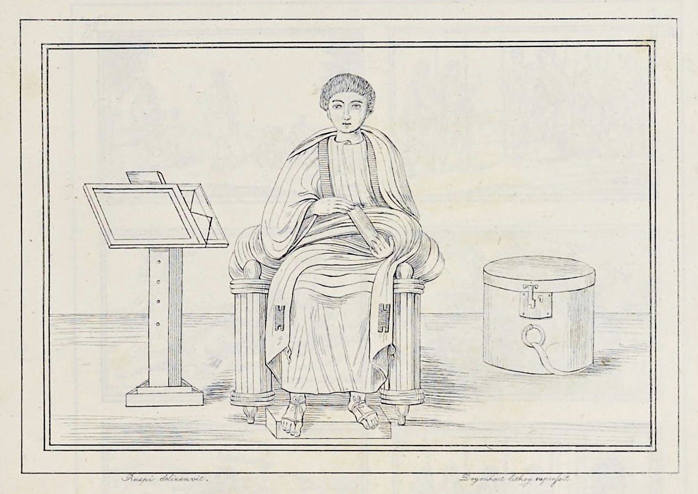 Black and white line drawing of a person seated on a chair with a desk and cylinder nearby.