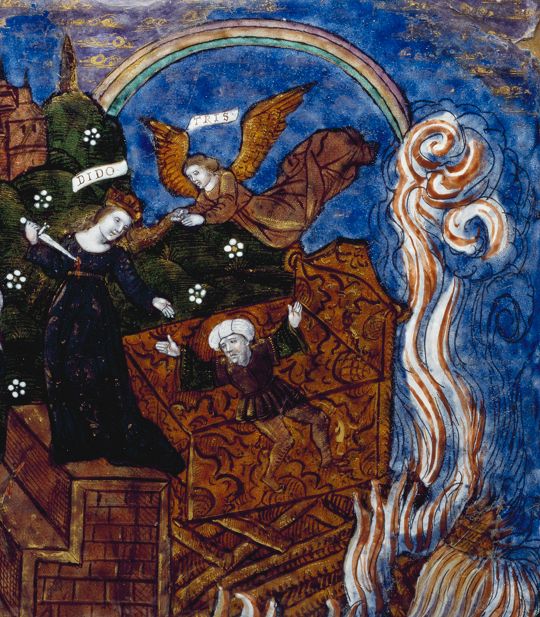 Medieval illustration of a dramatic rescue scene with an angel descending from the heavens to save a man from a fiery pyre.