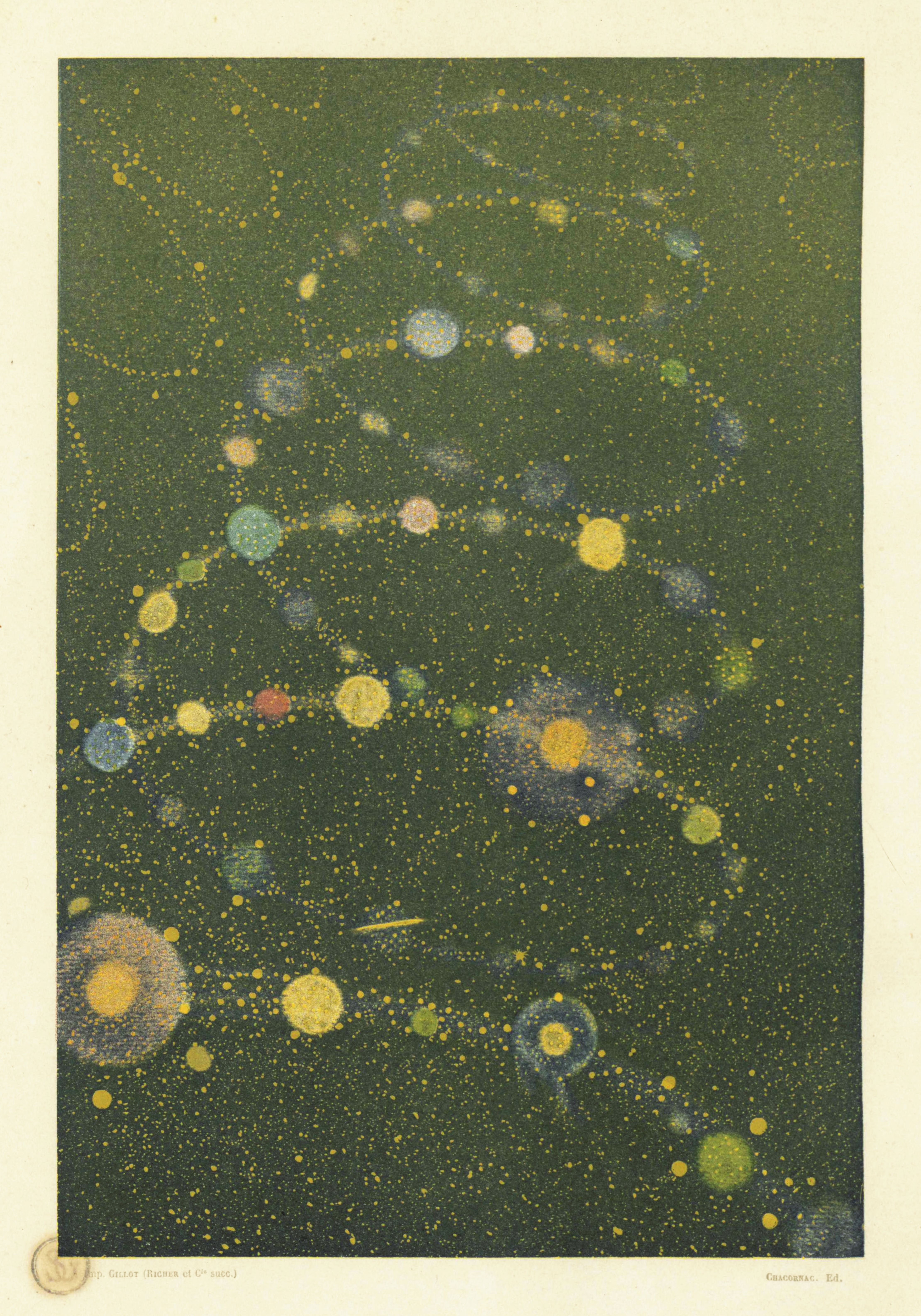 Vintage illustration of a galaxy with stars and nebulas in shades of yellow, orange, blue, and pink against a textured green background.