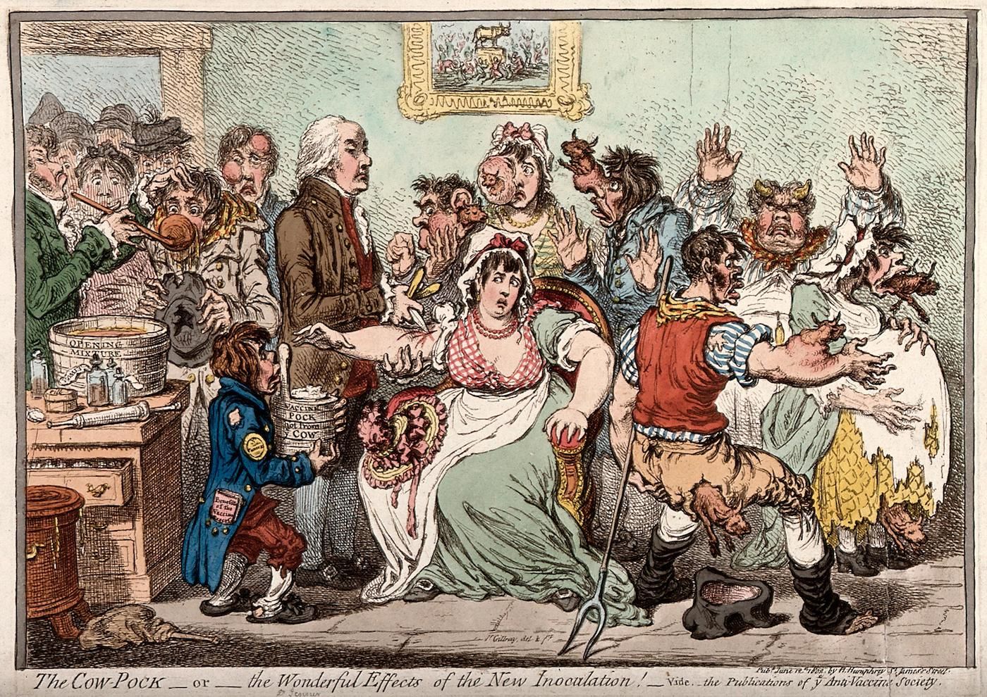 A satirical caricature from 1802 by James Gillray titled “The Cow-Pock – or – the Wonderful Effects of the New Inoculation.” It depicts a chaotic scene inside a room, likely a vaccination clinic, where people are reacting dramatically to the cowpox inoculation.