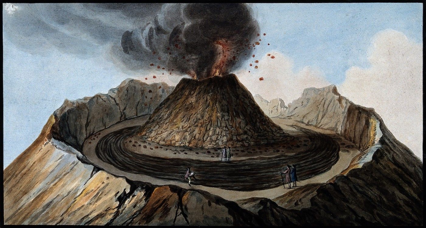 Watercolor painting of a volcanic eruption with people observing from the base of the volcano.