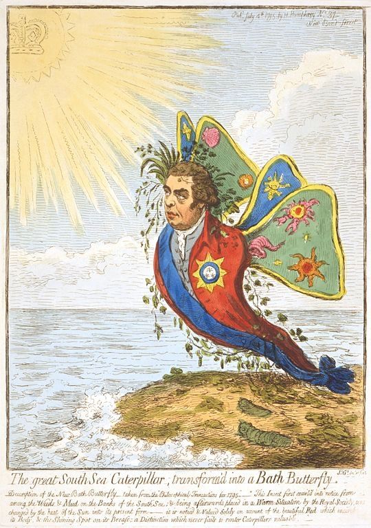 A political cartoon depicting a man's head emerging from the body of a butterfly rising from the sea.