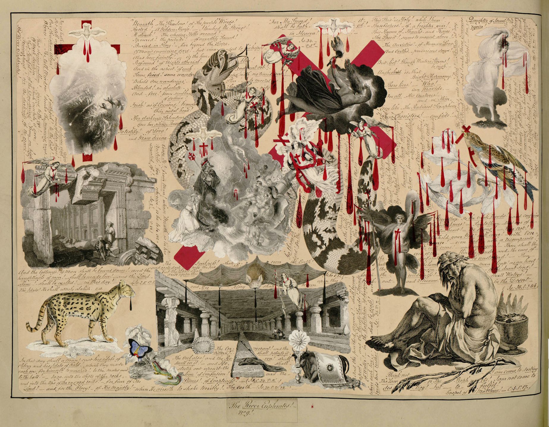 A vintage-style illustration with a dense composition of various scenes and text, rendered in sepia tones with splashes of red. The central imagery features a large bird surrounded by figures and animals, while the background is filled with smaller vignettes and lines of script.