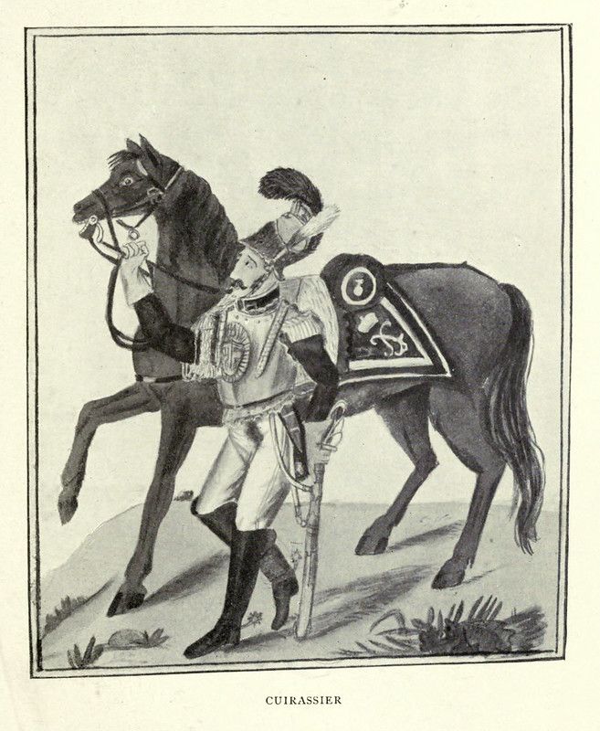 Black and white illustration of a cuirassier on horseback.