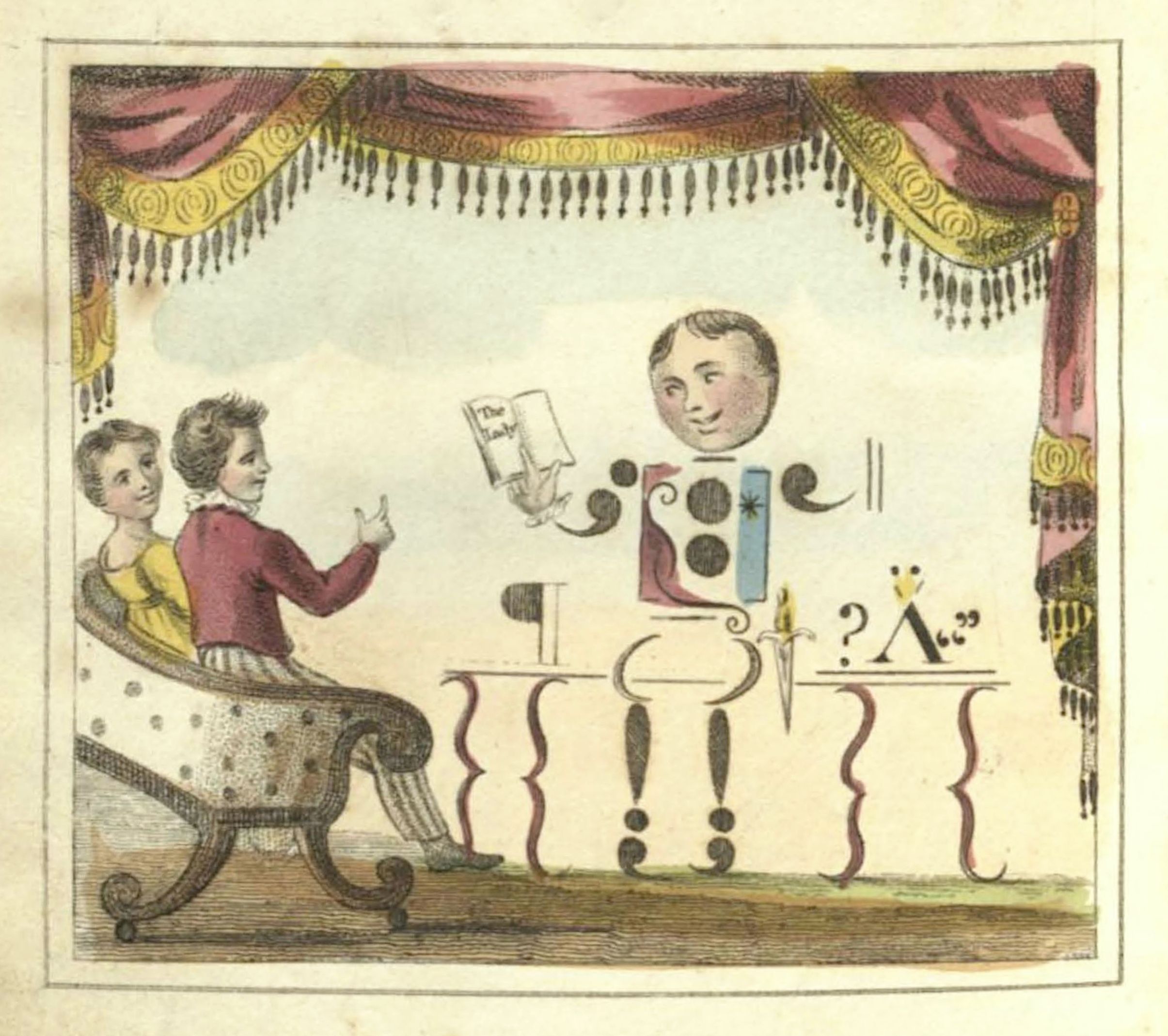 A vintage illustration of a theatrical scene with a man telling a story to two women, a floating head, and various objects on a table.