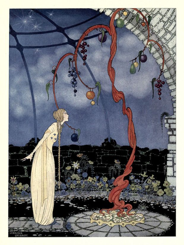 A vintage illustration of a woman reaching for fruit on a red tree under a starry sky.