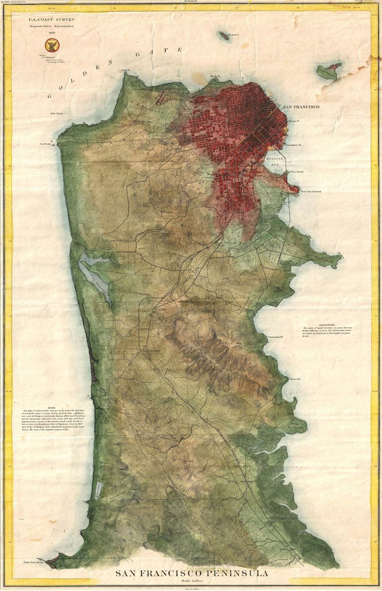 Vintage map of the San Francisco Peninsula from 1878, showing topographical features, urban development, and water features.