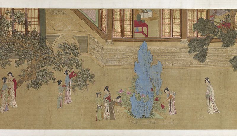A long, horizontal painting depicting a scene in a traditional Chinese courtyard with figures, a fountain, and buildings.