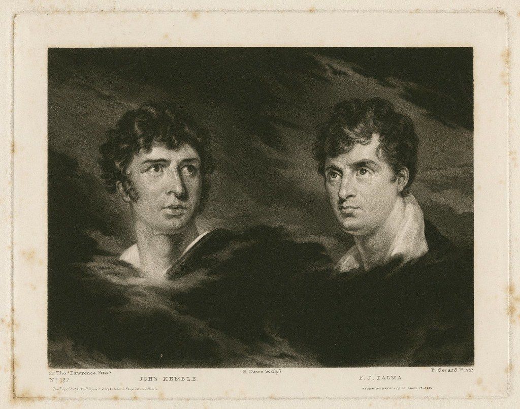 Vintage black and white portrait of two men, John Kemble and F.J. Talma, in formal attire.