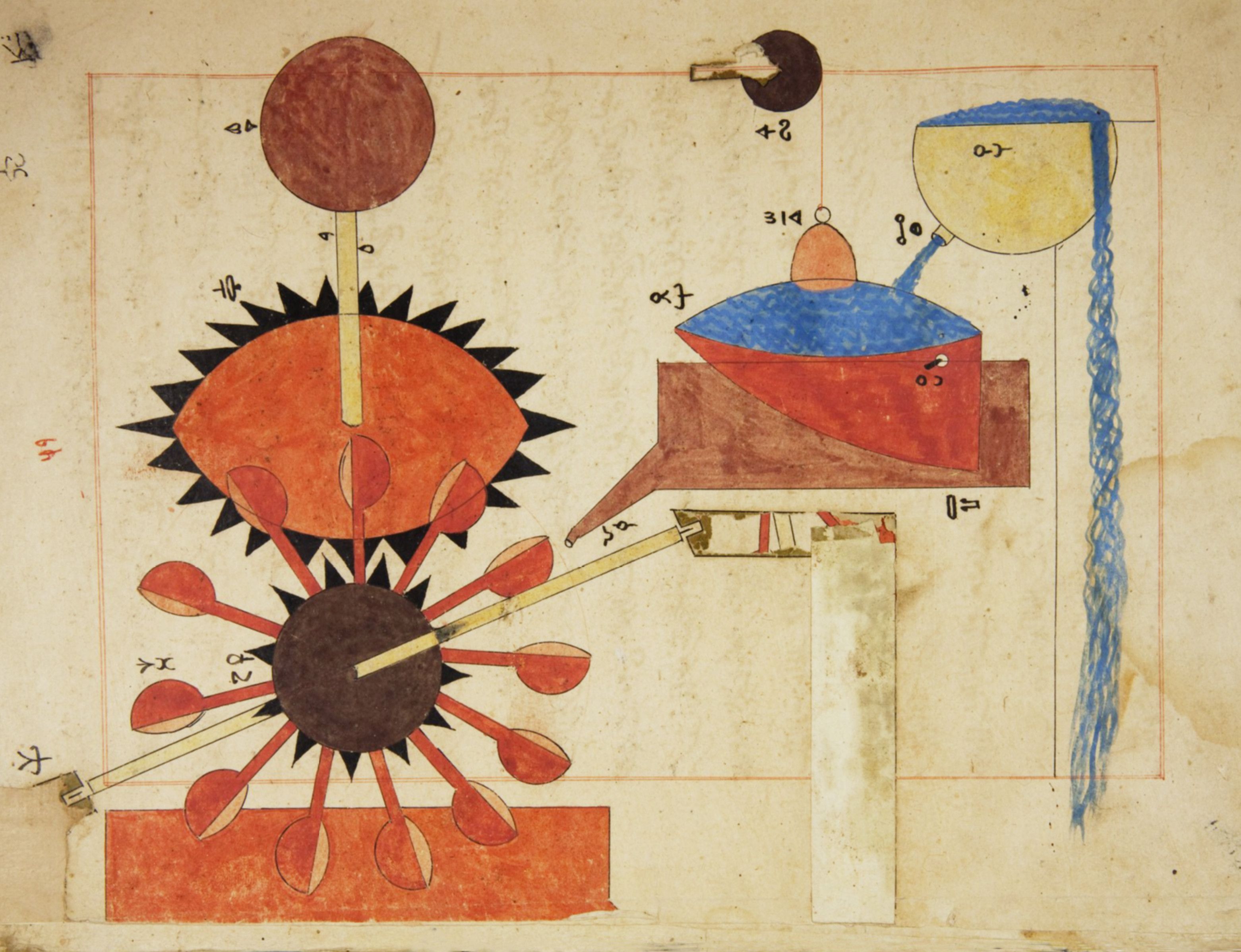 A detailed, colorful illustration resembling an alchemical or scientific diagram.