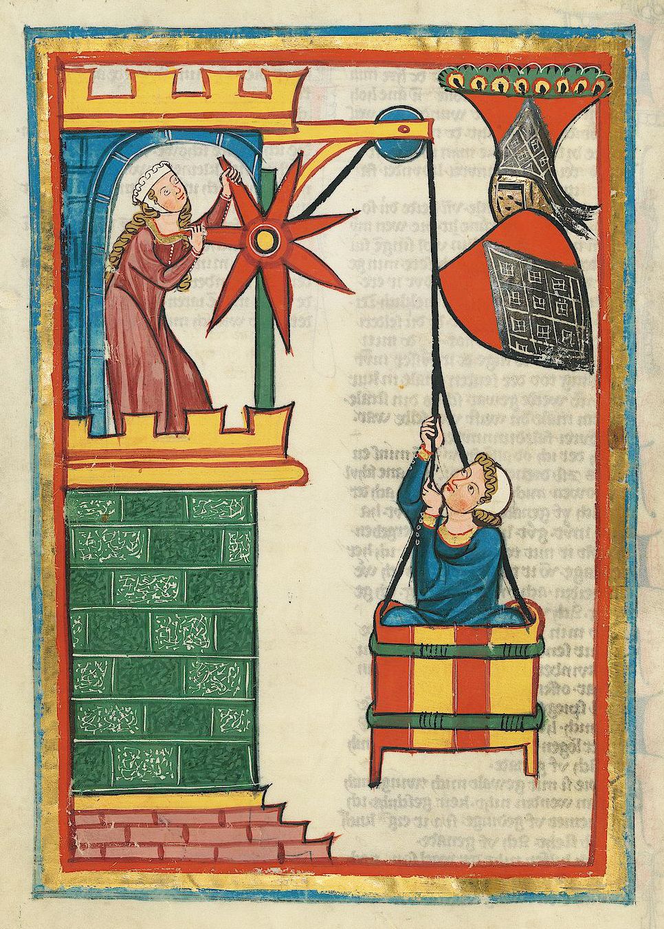 Medieval manuscript illustration of a man on a platform reaching towards a star, observed by a woman in a tower.