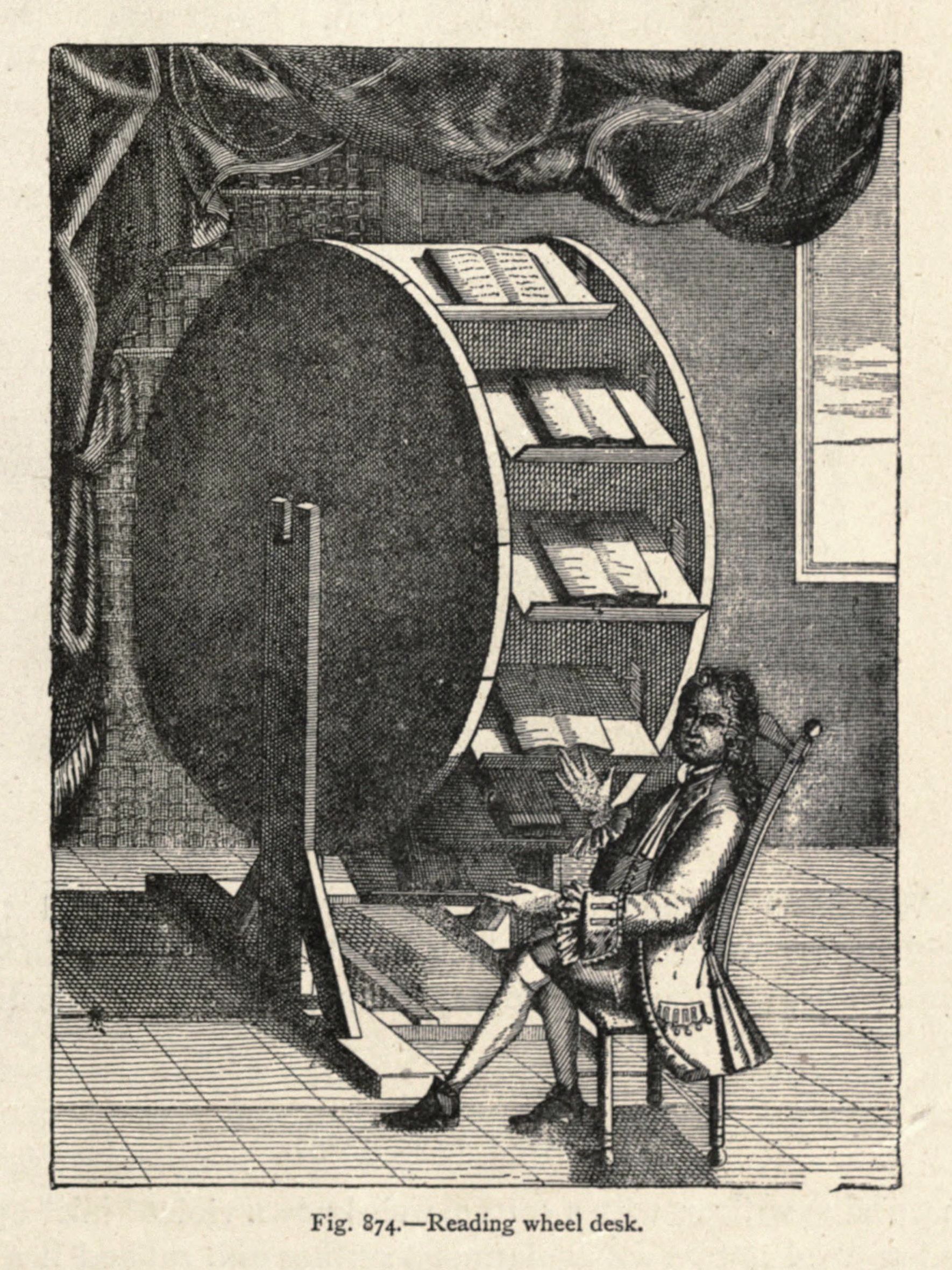 Vintage illustration of a man using a reading wheel desk, a cylindrical structure with shelves holding books.