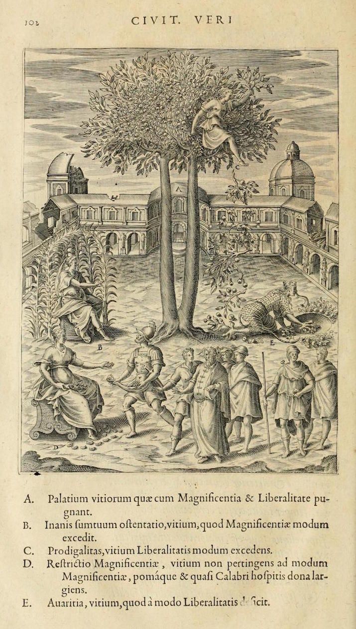 A detailed black and white engraving depicting a classical scene with architectural elements and figures.