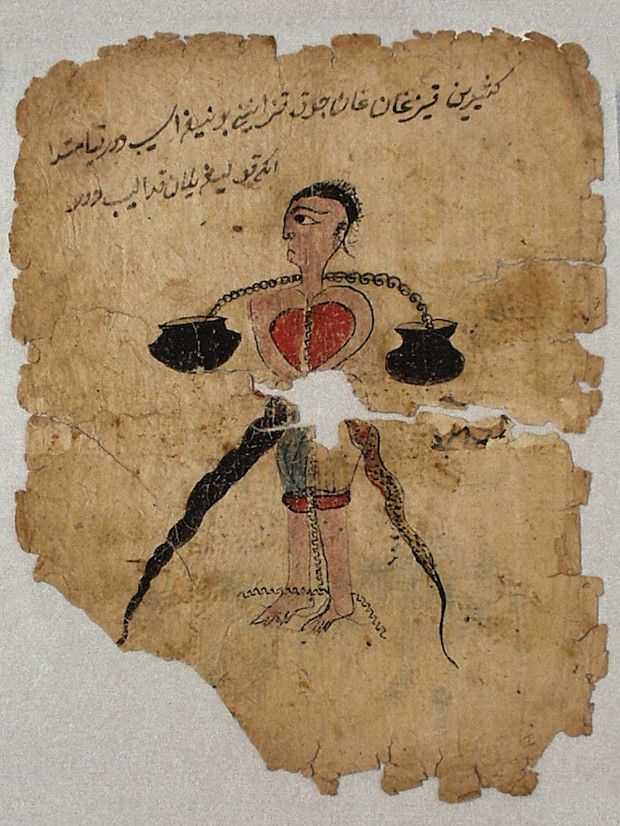 Antique illustration of a humanoid figure with pots, on a weathered document.