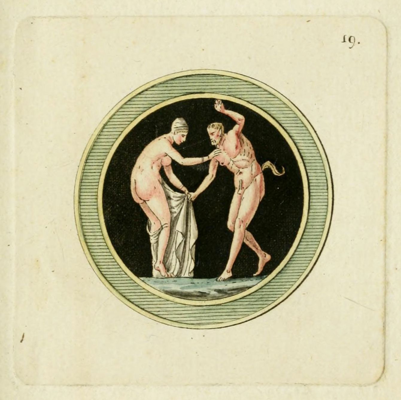 A detailed drawing of two nude figures within an oval frame, reminiscent of ancient Greek or Roman art.