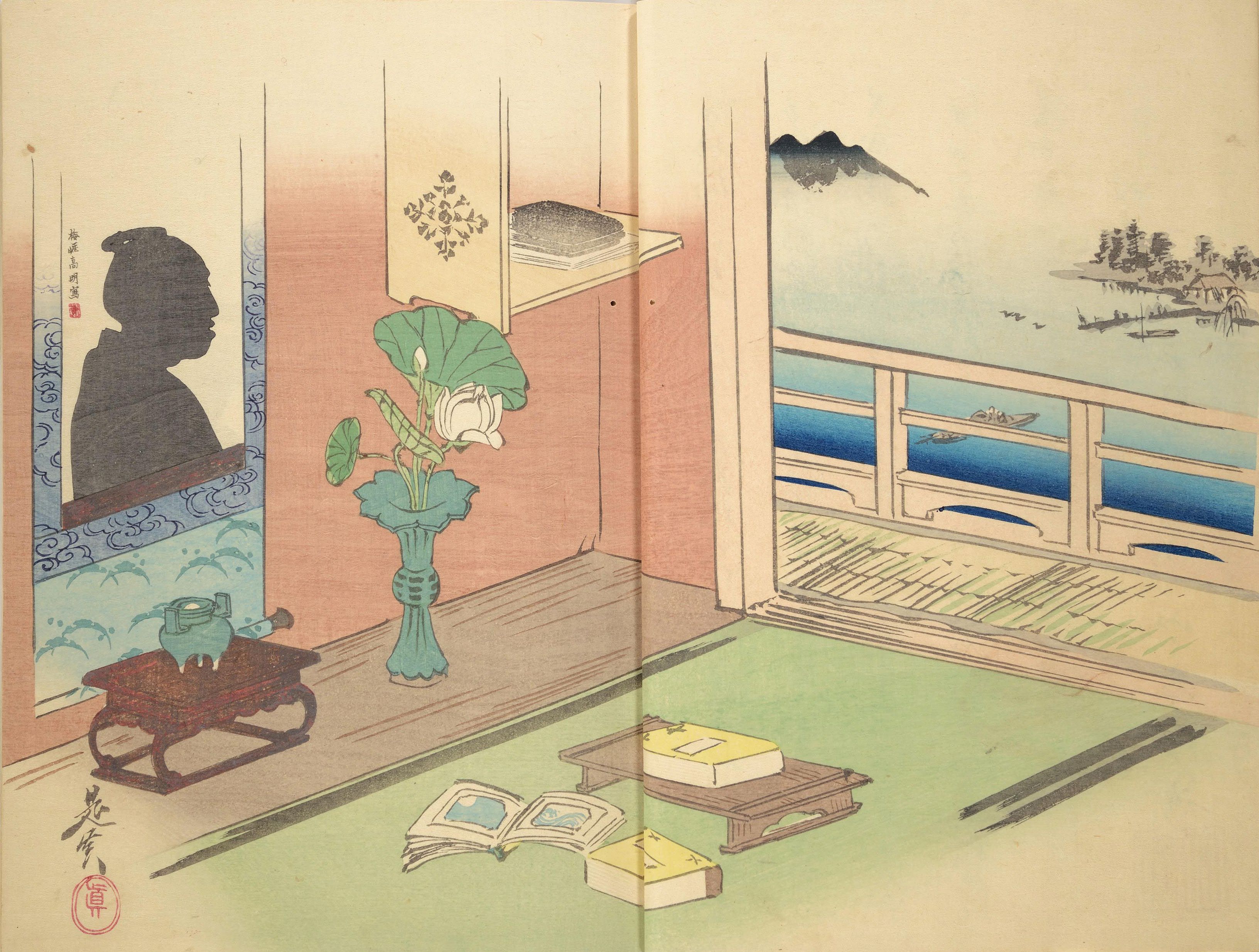 A woodblock print depicting an interior room with a view to the outside.