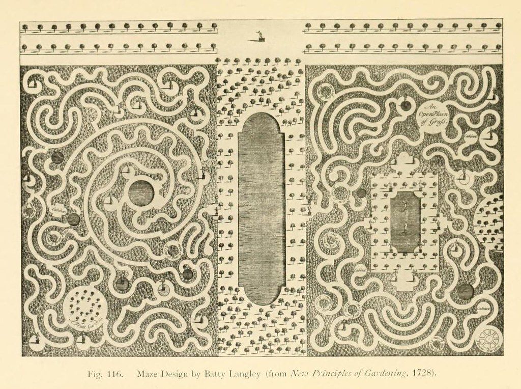 Antique illustration of a complex garden maze with swirling pathways and a central open area.