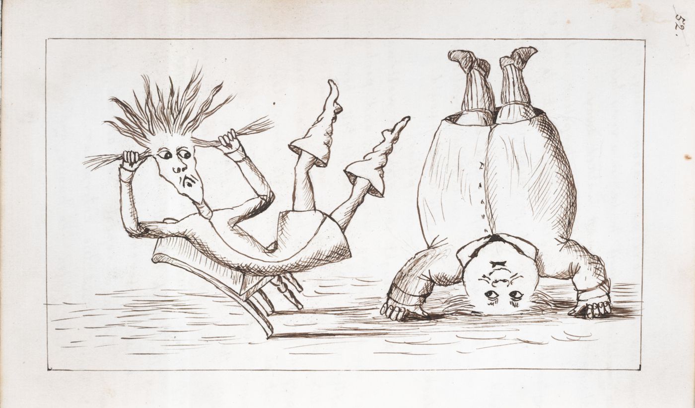 A sepia-toned sketch of two figures in a whimsical style. One figure reclines in a chair, while the other is upside down.