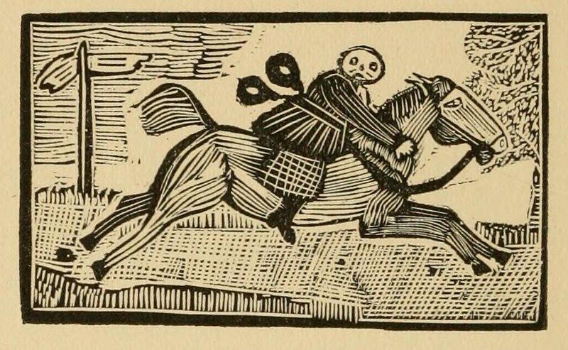 A woodcut illustration of a rider on horseback, galloping across a landscape with a tree and signpost in the background.