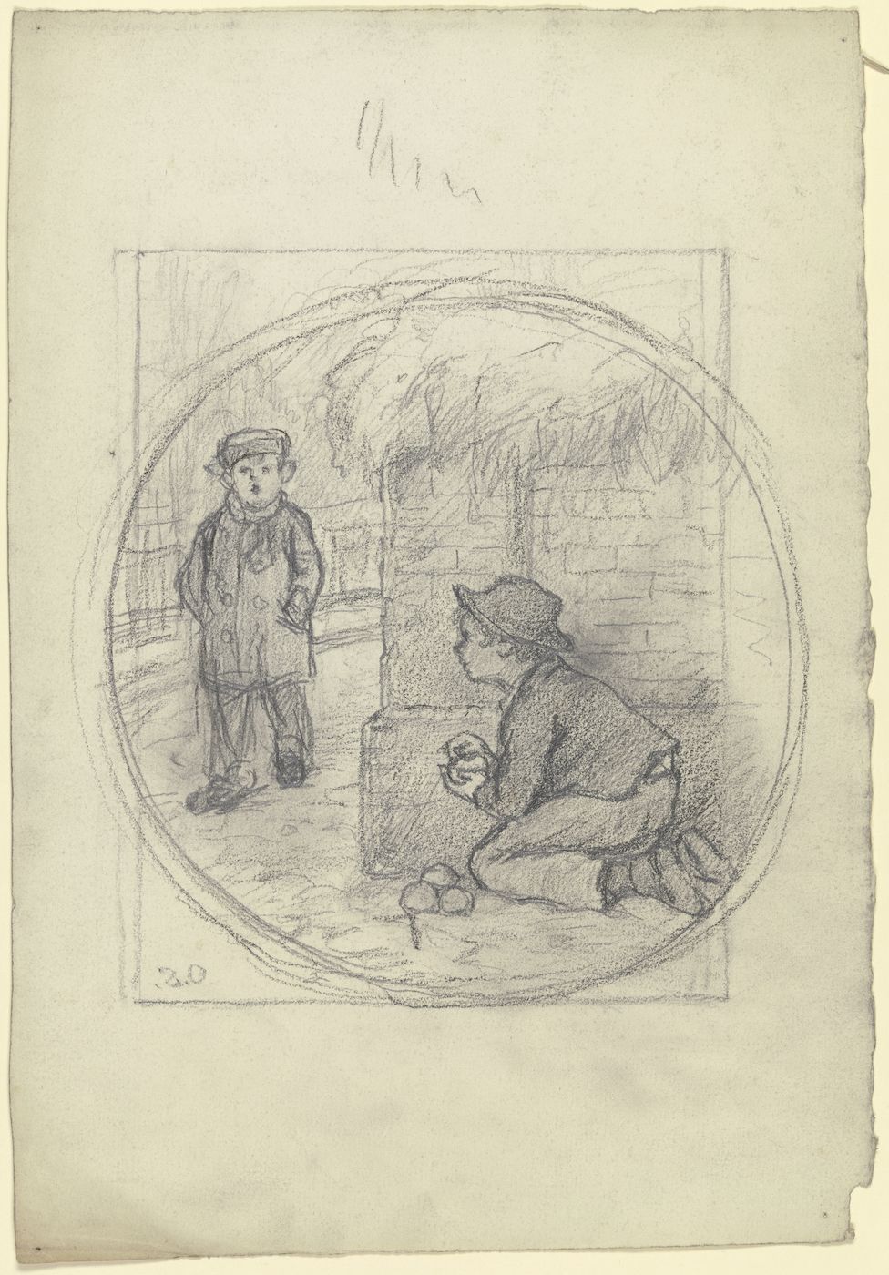 A black and white sketch of two boys interacting near a stone wall.