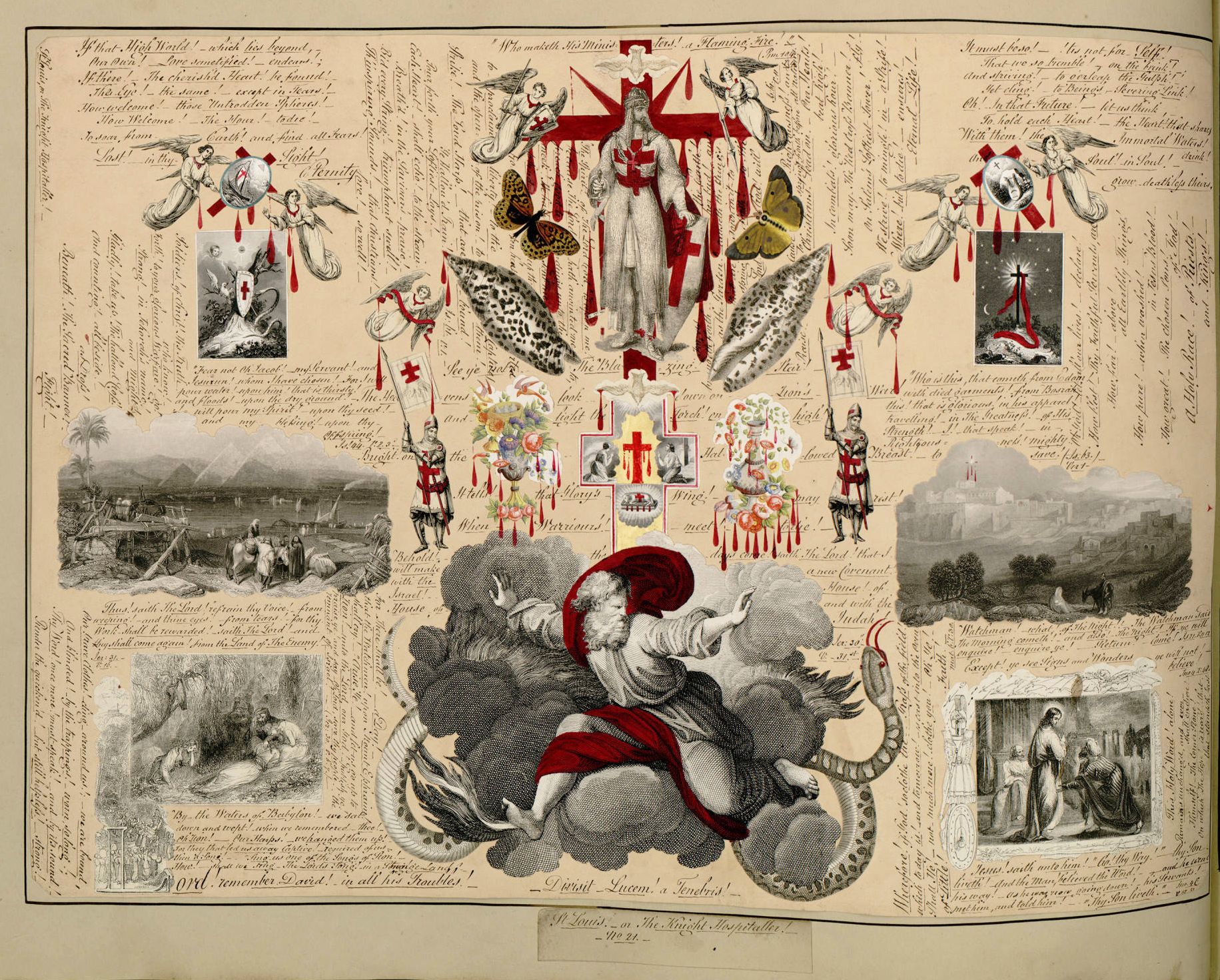 A highly detailed, ornate, and symbolic print, likely a Victorian-era broadside or chapbook illustration. It's filled with text and imagery, all centered around a religious or allegorical theme.