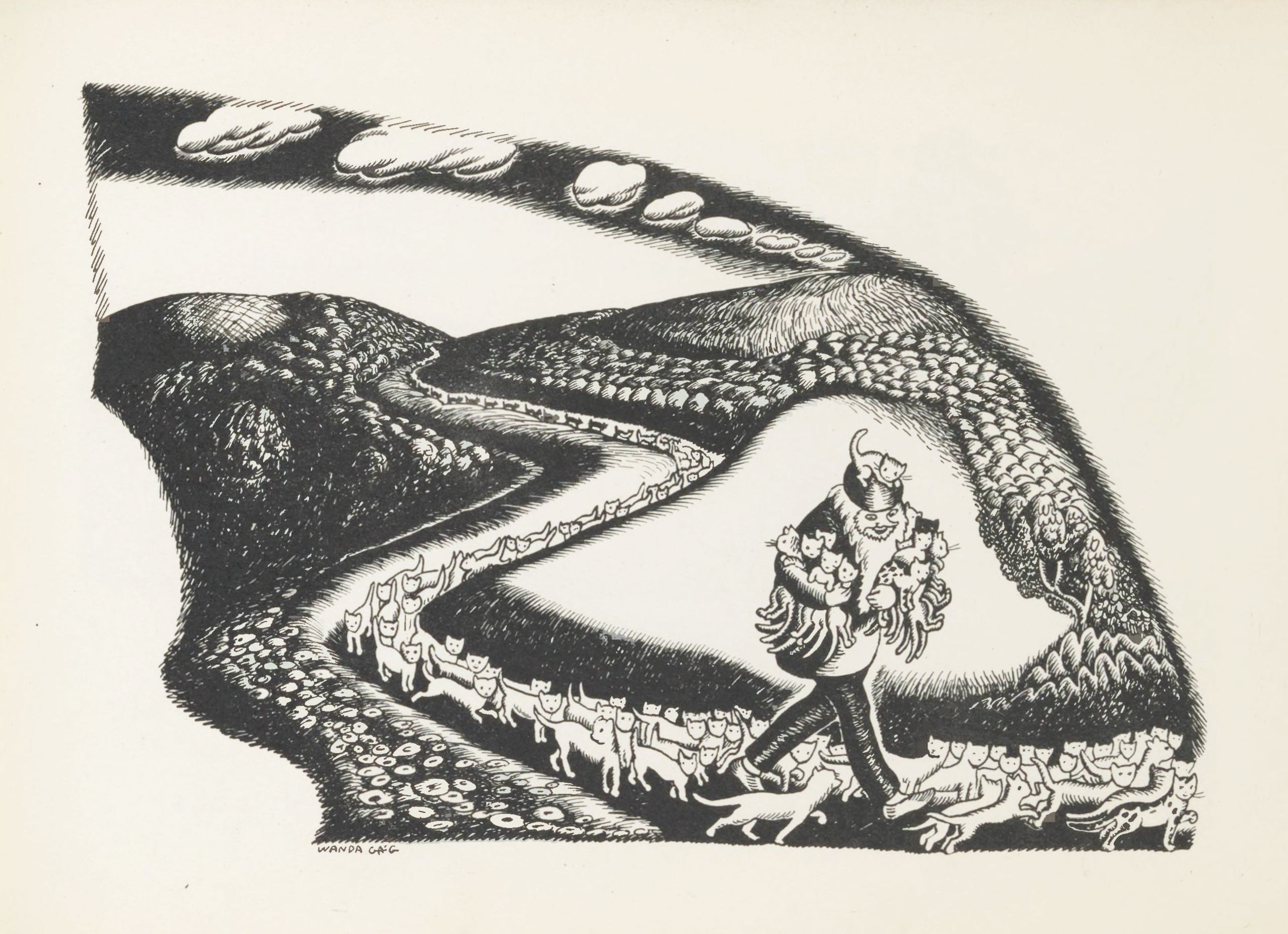 A black and white woodcut print depicting a surreal landscape filled with cats. A woman stands on a hill surrounded by cats.
