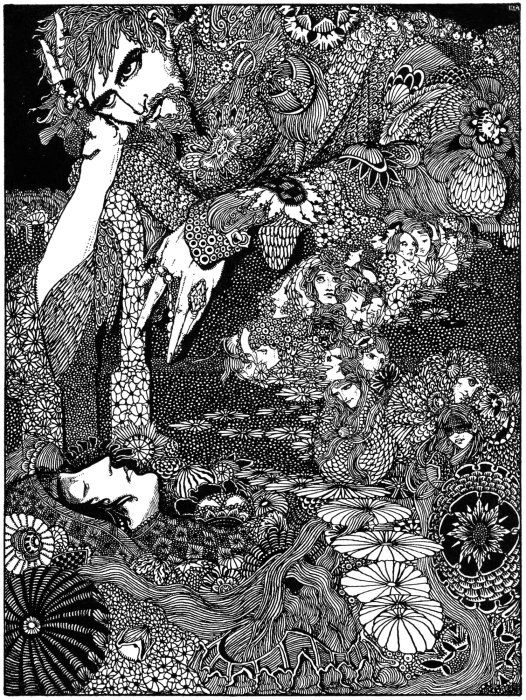 A black and white illustration of a tall, slender figure surrounded by flowers, leaves, and vines. A bird is perched on a branch near the figure, and numerous faces are embedded within the foliage.