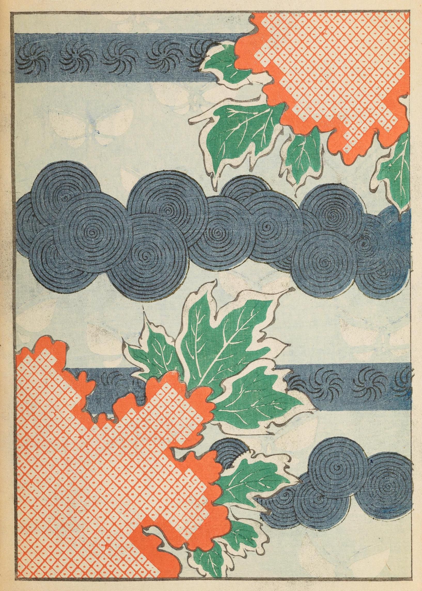Vintage Japanese woodblock print with floral and cloud patterns.