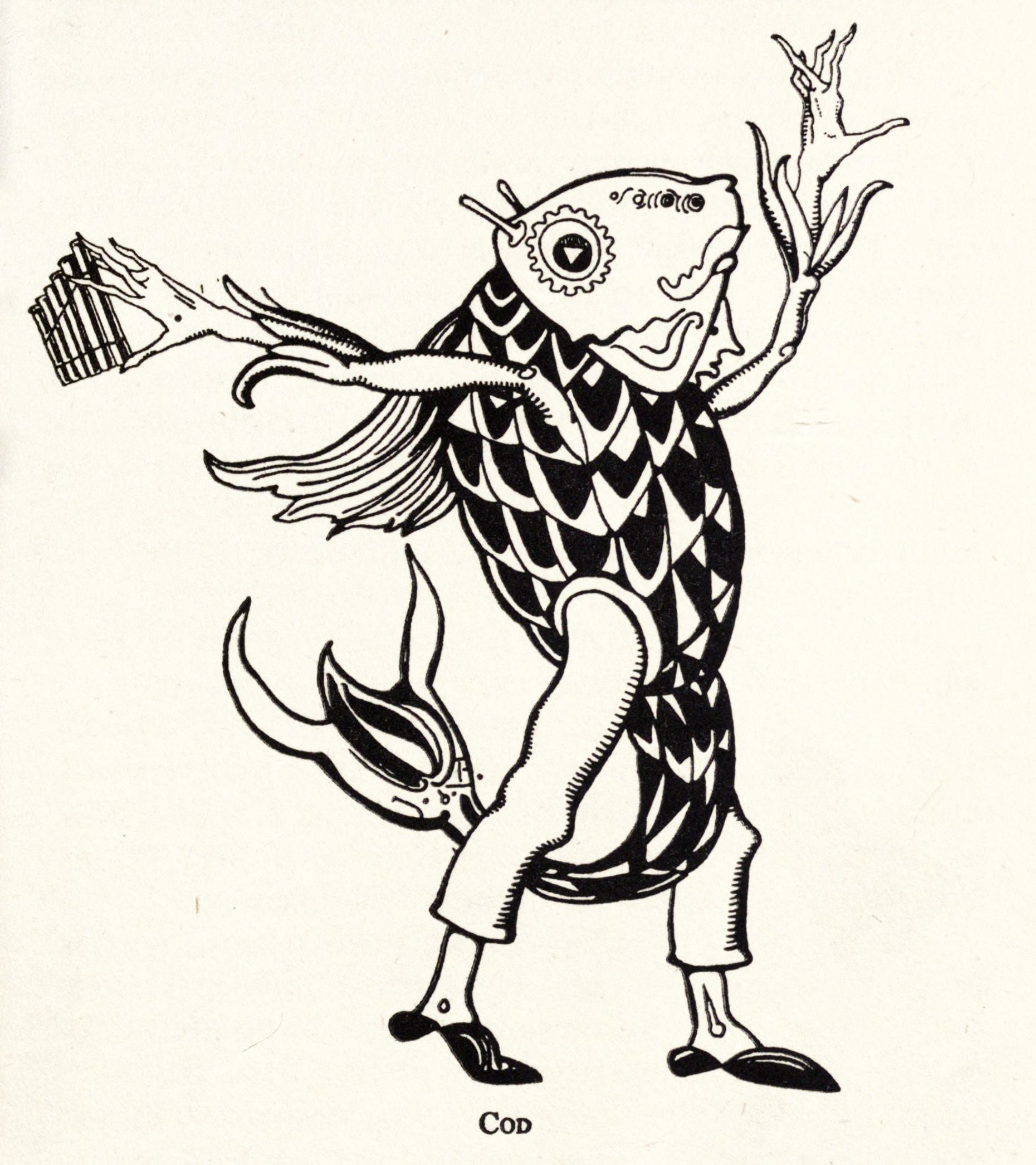 A black and white illustration of a fantastical creature that appears to be a hybrid of a fish and a human.
