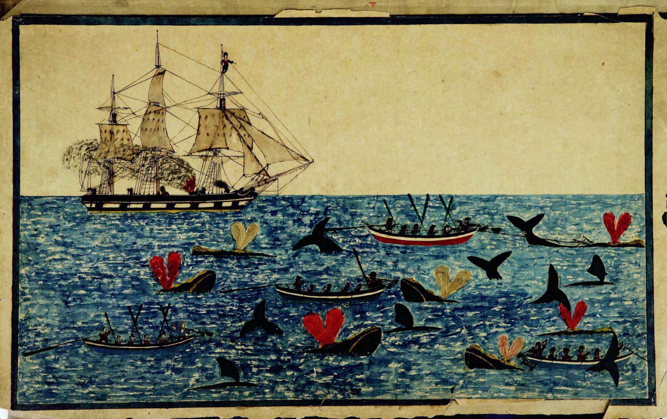 Vintage illustration of a whaling scene with a ship, boats, whales, and red hearts painted on the whales.