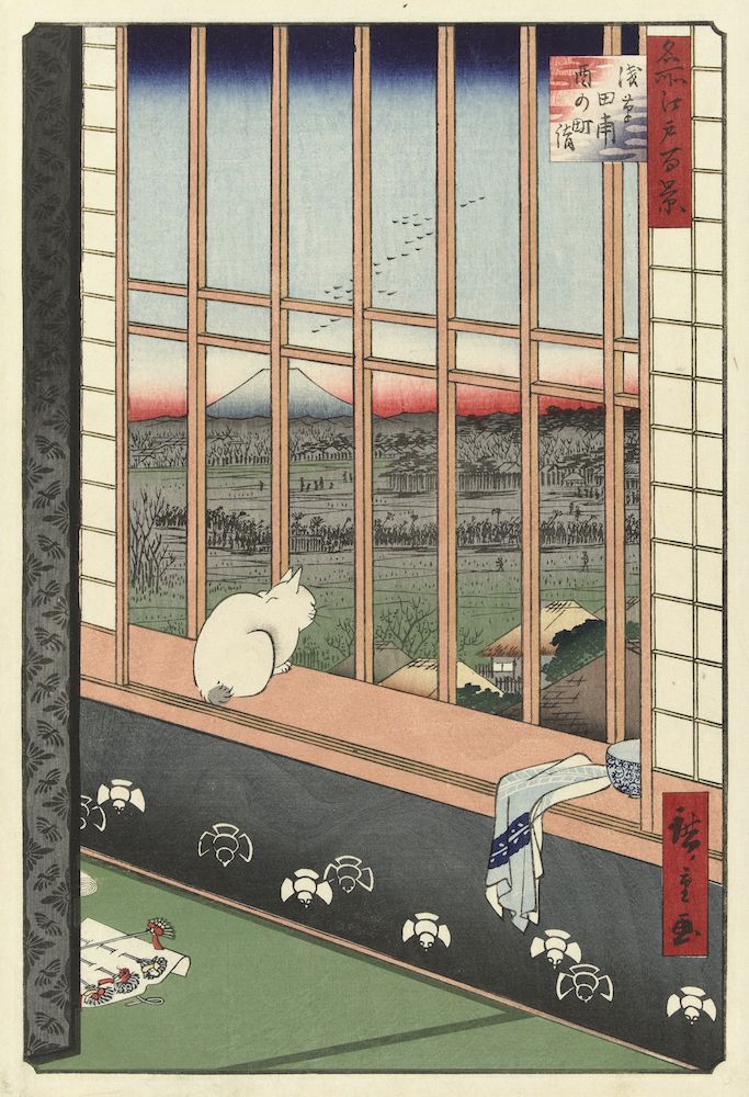 A Japanese woodblock print depicting a cat looking out a window at a landscape.