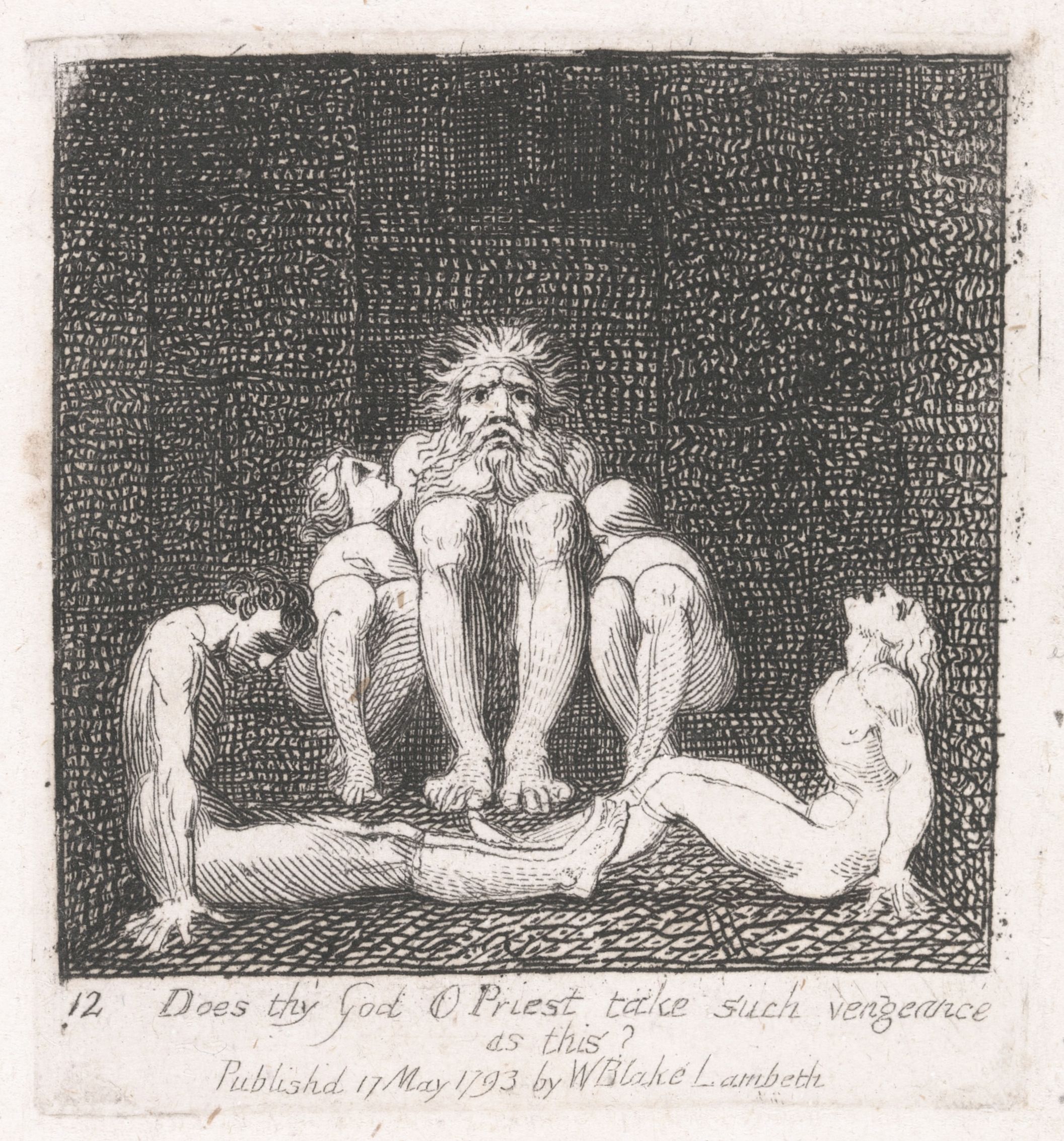 A black and white engraving depicting a large, muscular figure surrounded by smaller nude figures, with text at the bottom questioning divine vengeance.